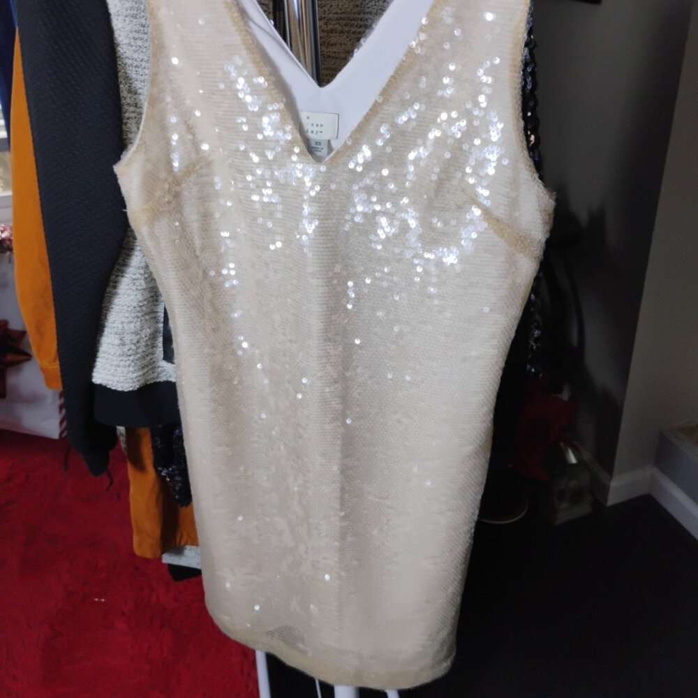 A New Day Sequin Sleeveless Shift Dress – XS – Champagne / Cream